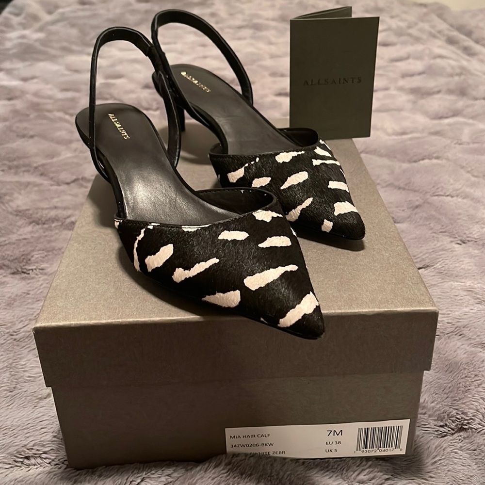 All Saints Black/White Zebra sling back shoes size 7.